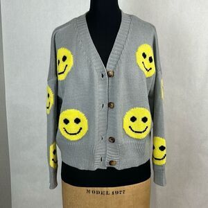 Smiley Face Cardigan Sweater Sz Small Gray Yellow Short Waist Length Button Fron